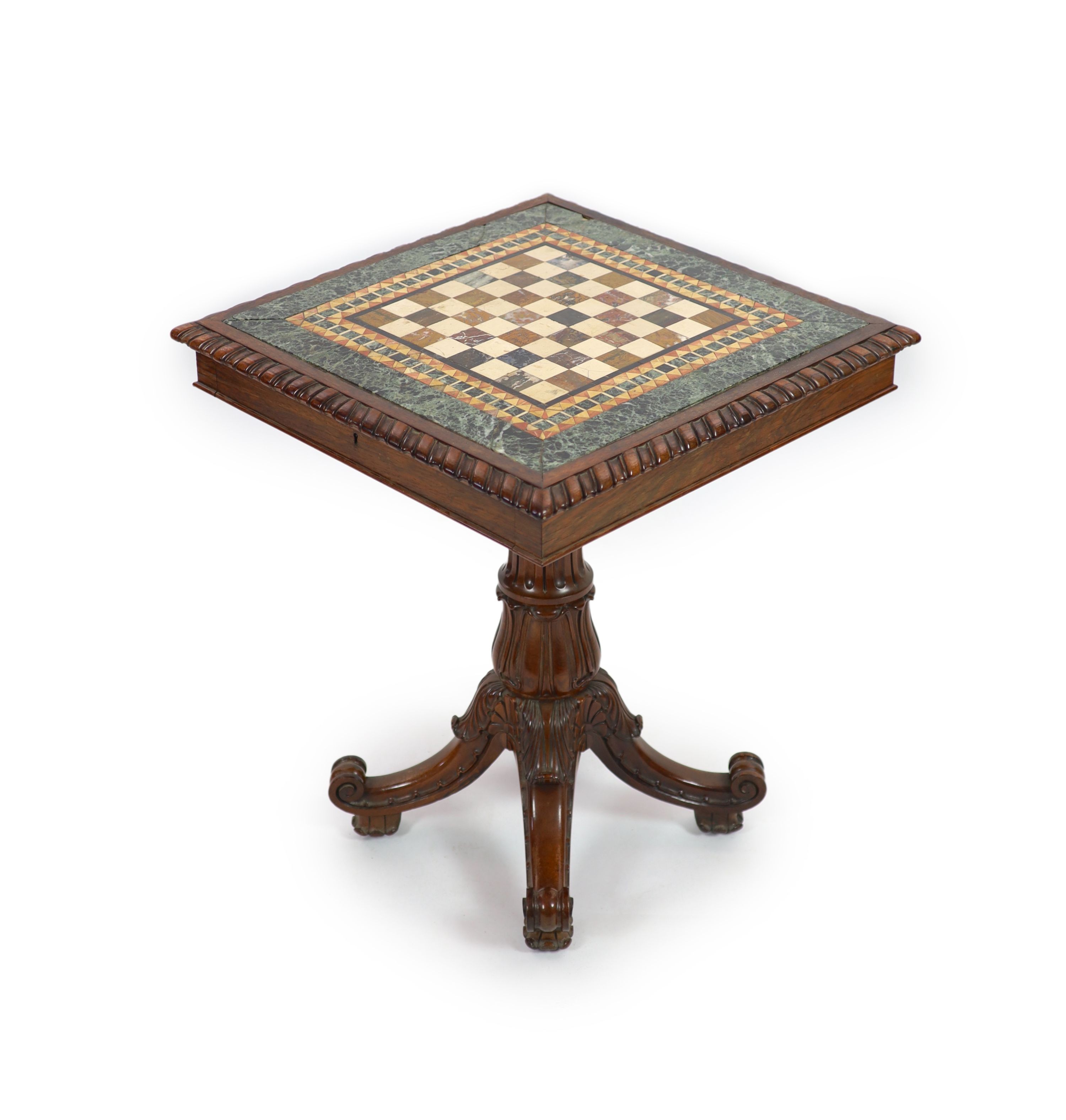 A William IV rosewood and pietra dura games table, W 66cm D 66cm H 78cm